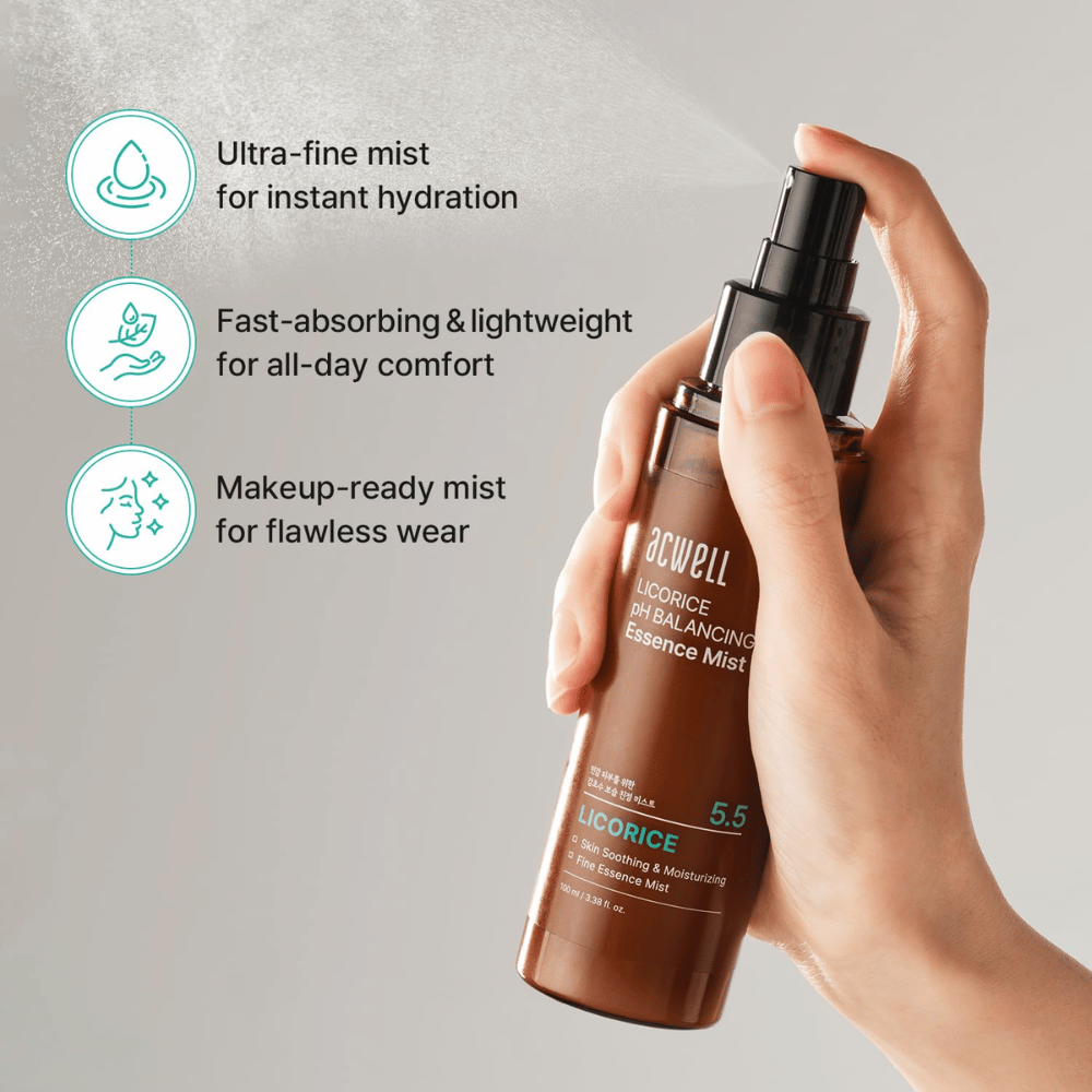 Acwell Licorice pH Balancing Essence Mist is sprayed as a fine mist. Lightweight formula that absorbs quickly, provides immediate hydration, and works both with and without makeup.