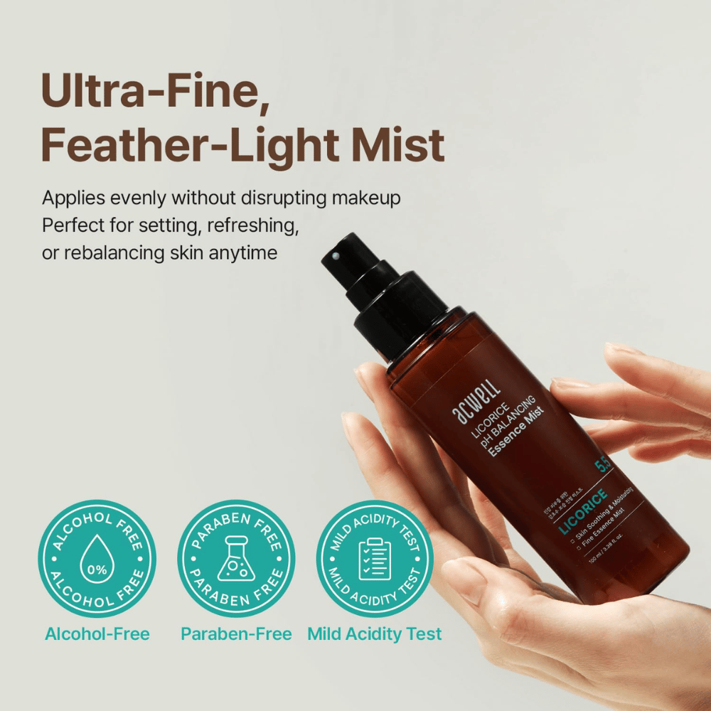 Acwell Licorice pH Balancing Essence Mist is held in the hand and sprayed as an ultra-fine mist. The image highlights an alcohol-free and paraben-free formula as well as a skin-friendly pH suitable for sensitive skin.
