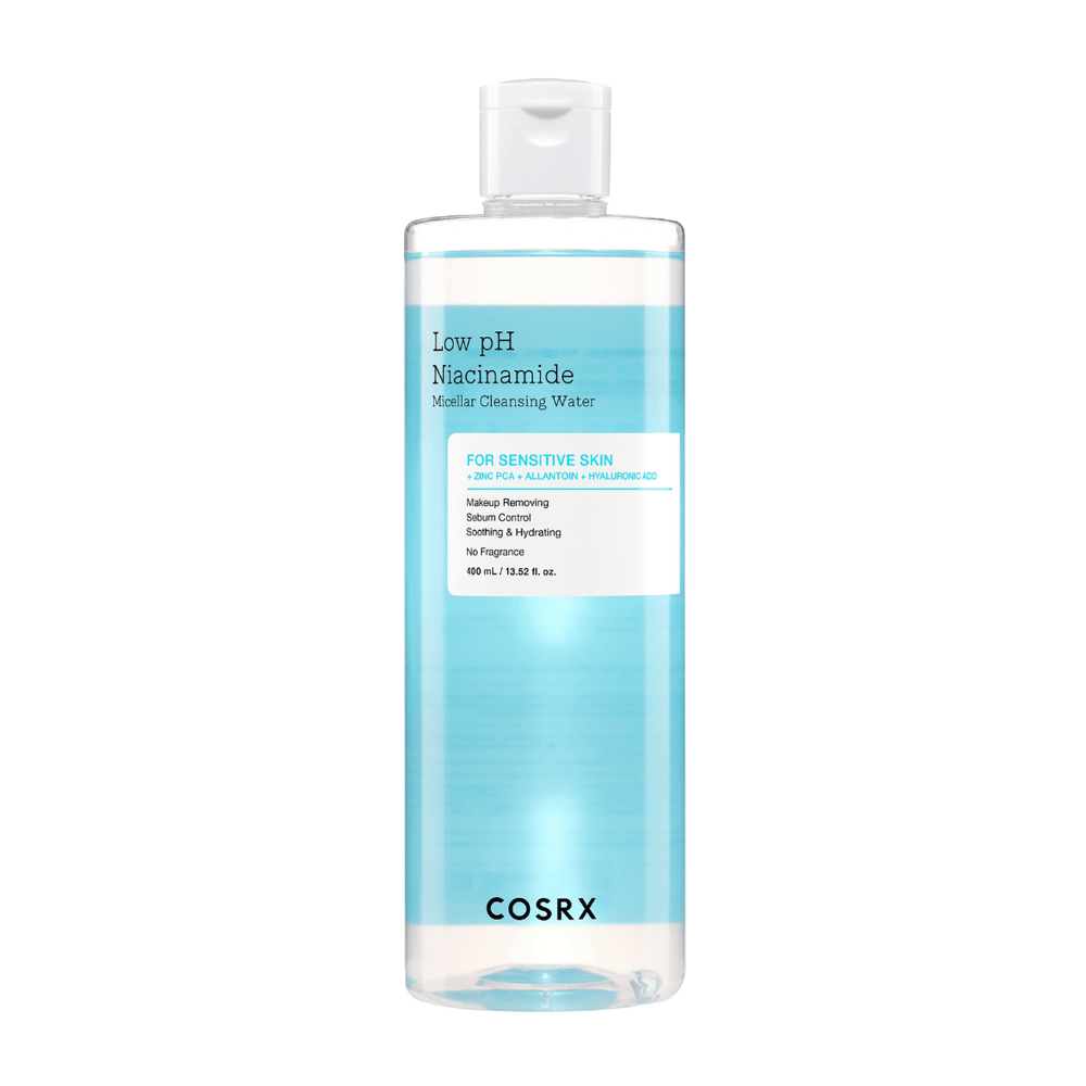 Bottle with COSRX Low pH Niacinamide Micellar Cleansing Water, intended for sensitive skin.