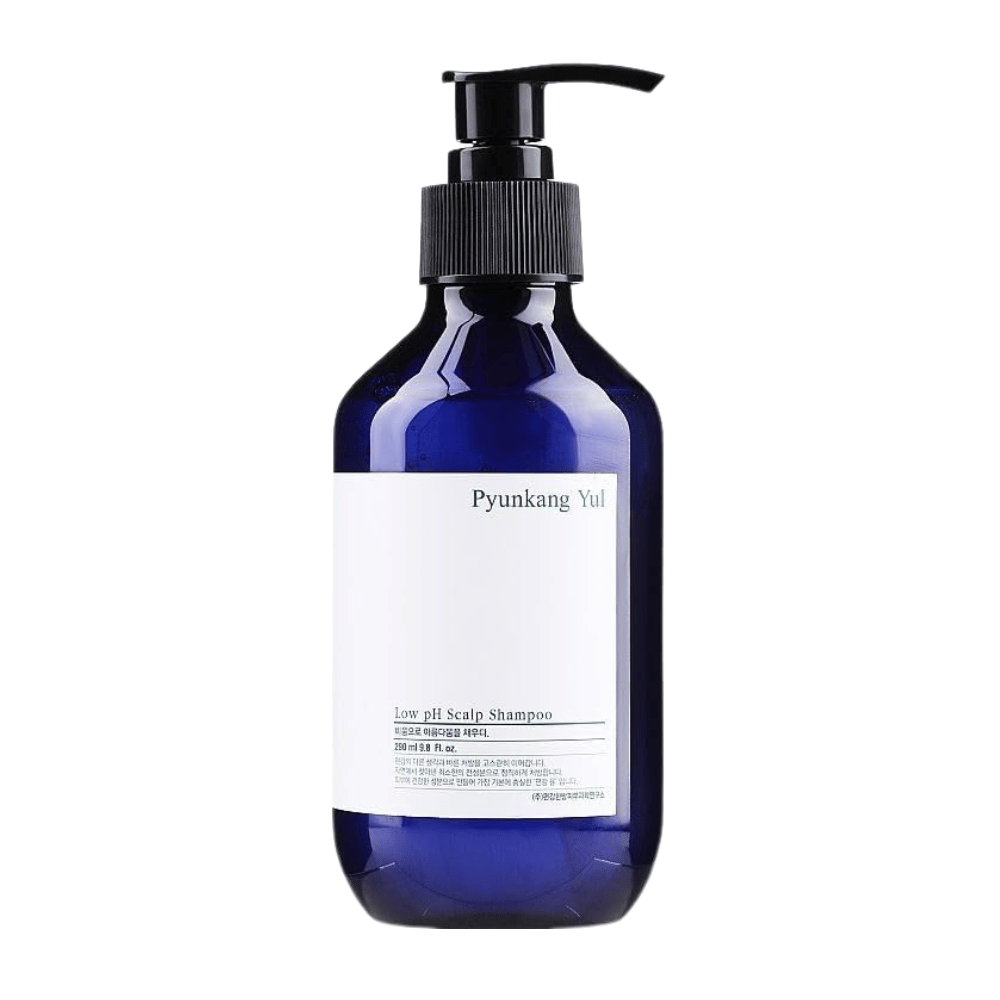 Clean cut-out product image of Pyunkang Yul Low pH Scalp Shampoo in a blue bottle with a pump and minimalist design.