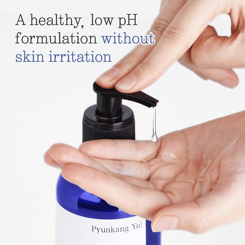 Close-up of the shampoo's gel texture being pumped into the hand, focusing on the low pH formula and gentle cleansing without irritation.