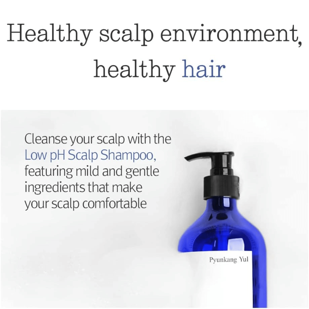 Informative image highlighting Pyunkang Yul Low pH Scalp Shampoo and its mild formula for a balanced and healthy scalp environment.