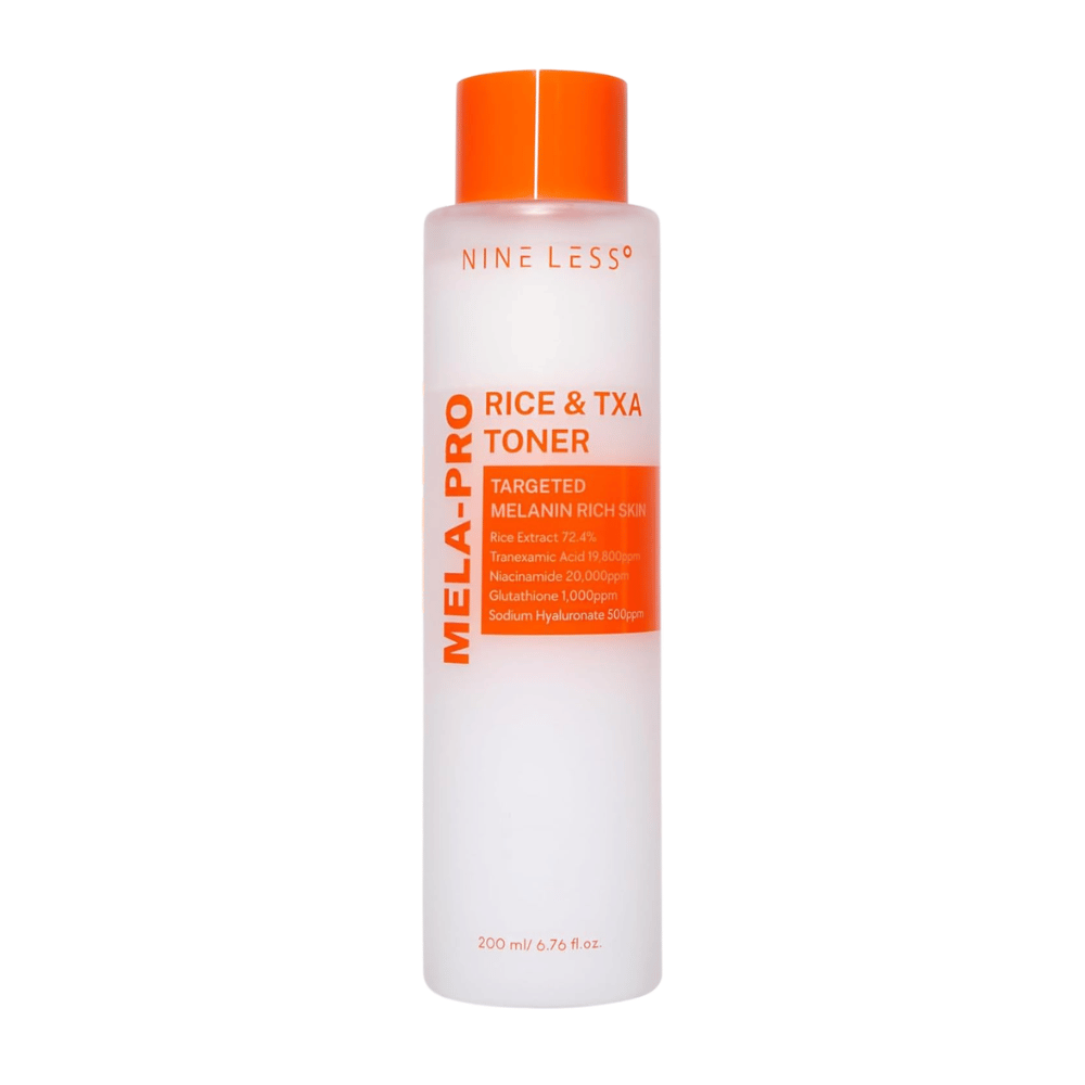 6. NINE LESS MELA-PRO Rice & TXA Toner 200 ml – white toner bottle with orange cap and label against a white background
