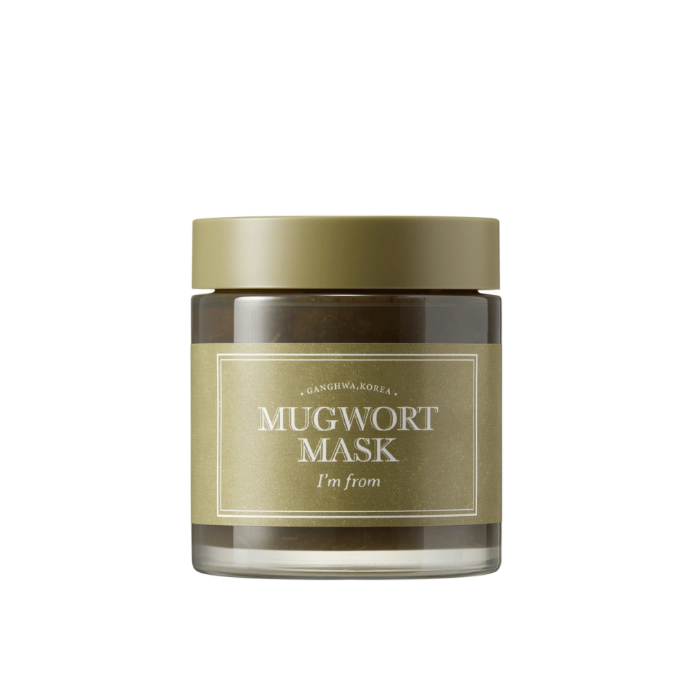 Product image of I'm From Mugwort Mask – a green face mask in a glass jar with an olive green lid and label, photographed against a white background.