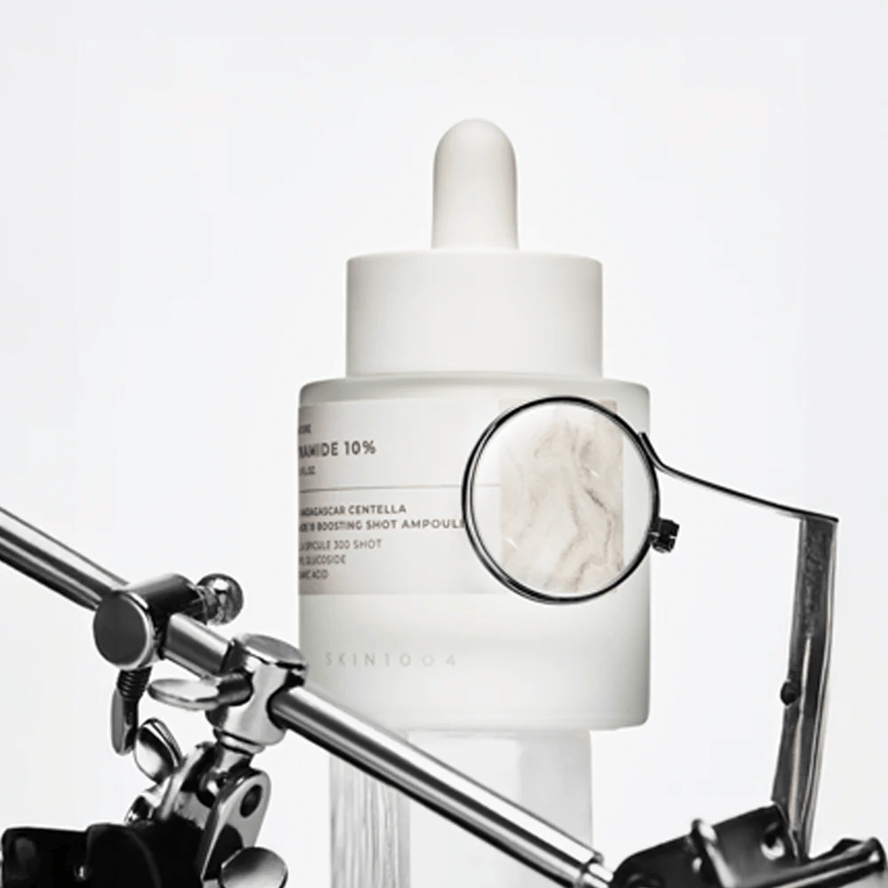 Detail image of SKIN1004 Madagascar Centella Niacinamide 10 Boosting Shot Ampoule highlighting ingredient focus and active formula for clearer skin and even skin texture.
