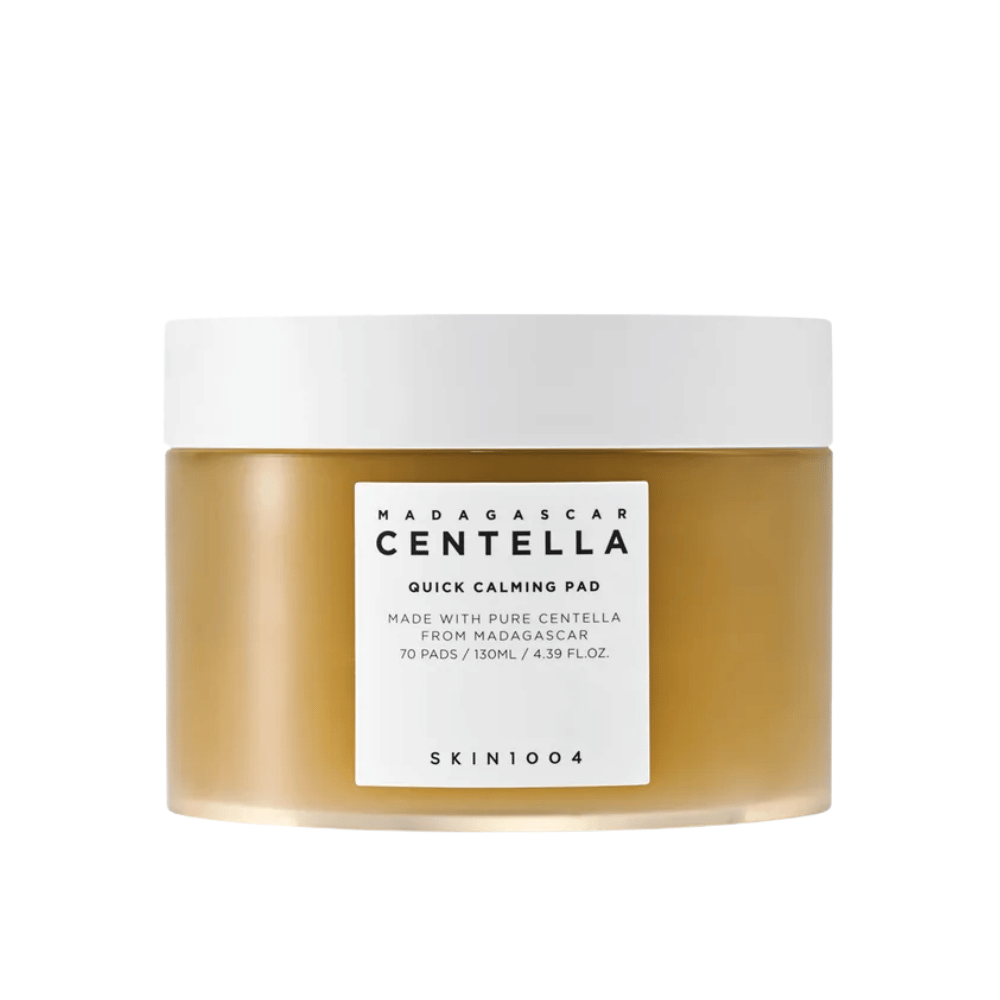 SKIN1004 Madagascar Centella Quick Calming Pad – brown plastic jar with white lid and white label, contains 70 pads (130 ml).