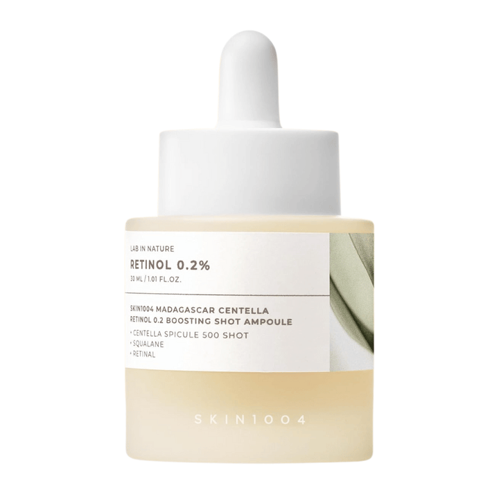 SKIN1004 Madagascar Centella Retinol 0.2 Boosting Shot Ampoule standing on a white background – mild yet effective retinol serum for finer lines, smoother skin, and increased elasticity.
