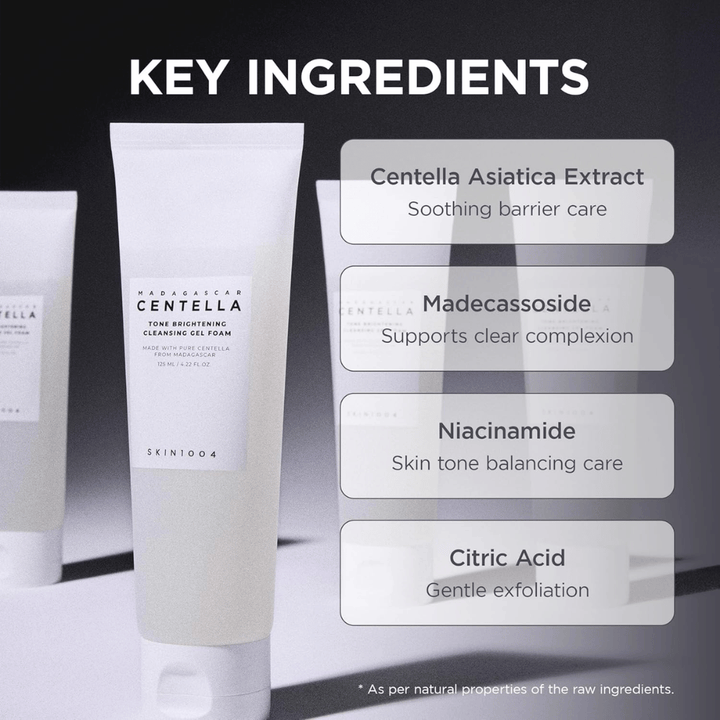 Image highlighting the product's key ingredients and their functions. The ingredients are presented in a clear and modern layout with a focus on skincare and soothing properties.