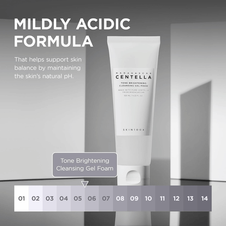 Informational image describing the product's mildly acidic (low pH) formula. The image emphasizes how the cleanser helps preserve the skin's natural balance while cleansing the skin effectively.