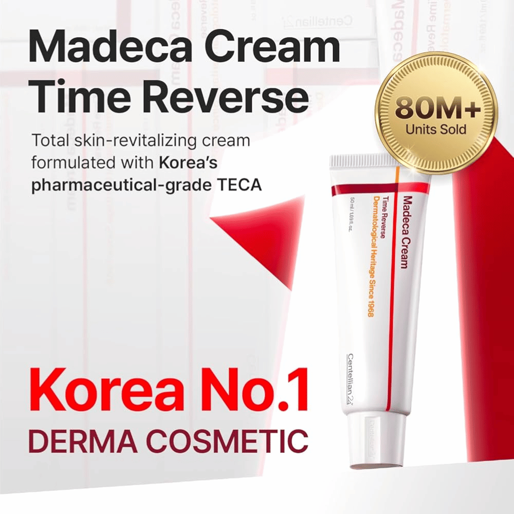 Centellian24 Madeca Cream Time Reverse presented as Korea's leading derma-cream with TECA, over 80 million units sold, and focus on skin renewal and barrier strengthening.