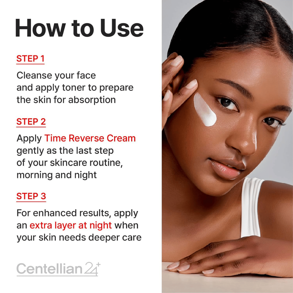 Instruction image showing how Centellian24 Madeca Cream Time Reverse is used in the skincare routine – applied as the last step morning and evening to soothe, strengthen, and restore the skin.