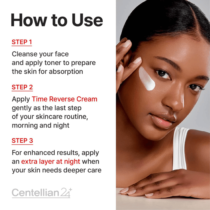 Instruction image showing how Centellian24 Madeca Cream Time Reverse is used in the skincare routine – applied as the last step morning and evening to soothe, strengthen, and restore the skin.