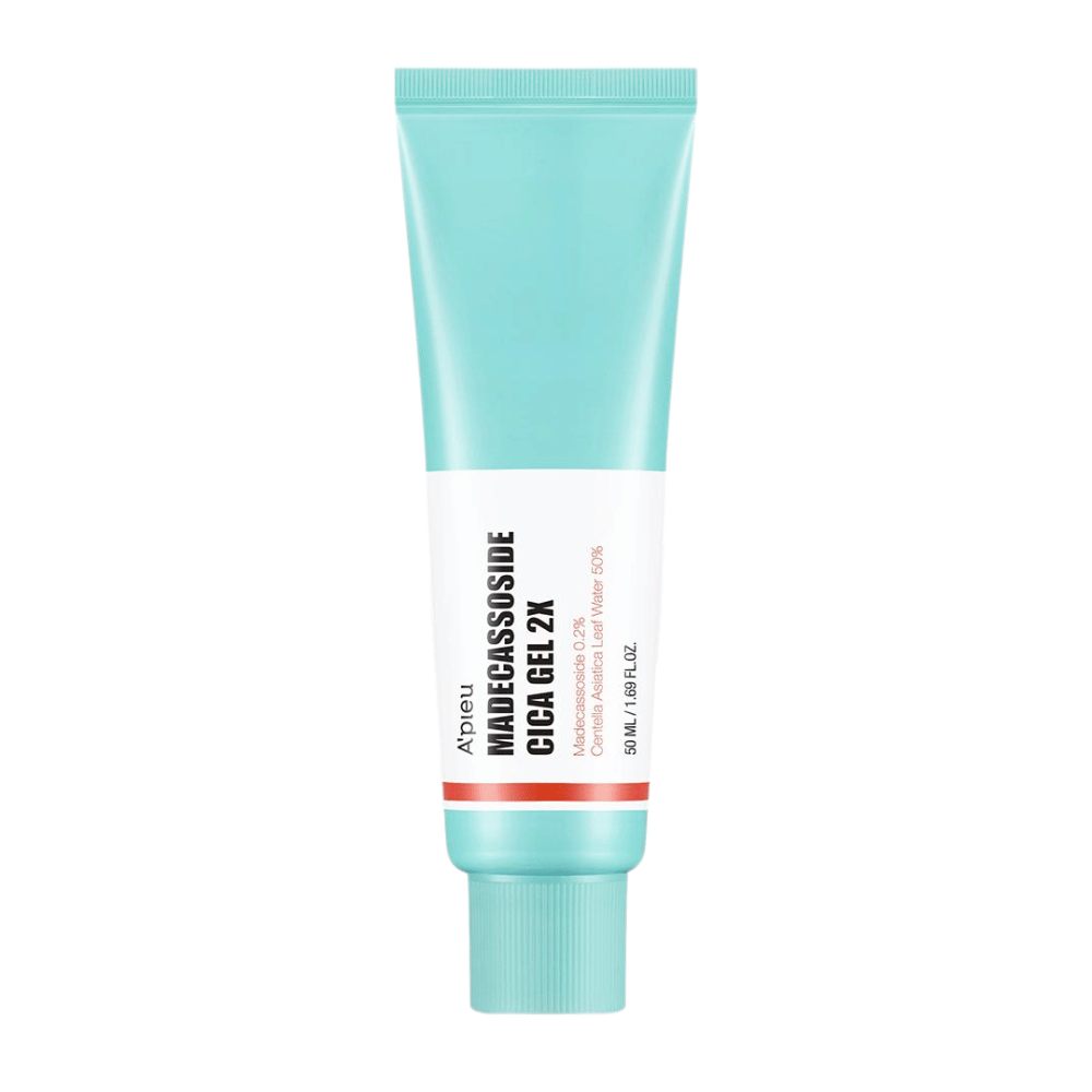 A'pieu Madecassoside Cica Gel 2X in a turquoise tube with a white label and black and red text, standing against a white background.