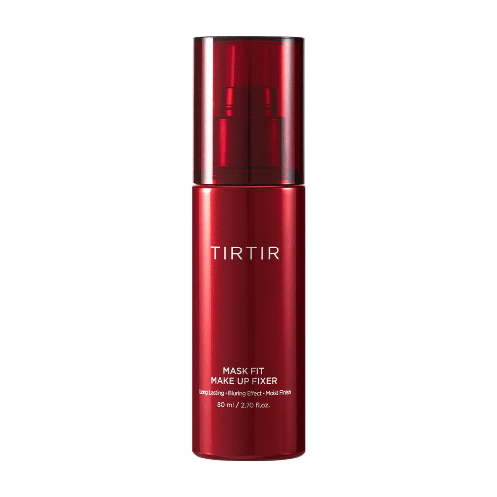 A red bottle TIRTIR Mask Fit Make Up Fixer on a white background, designed for long-lasting makeup setting with a blurring effect and dewy finish.