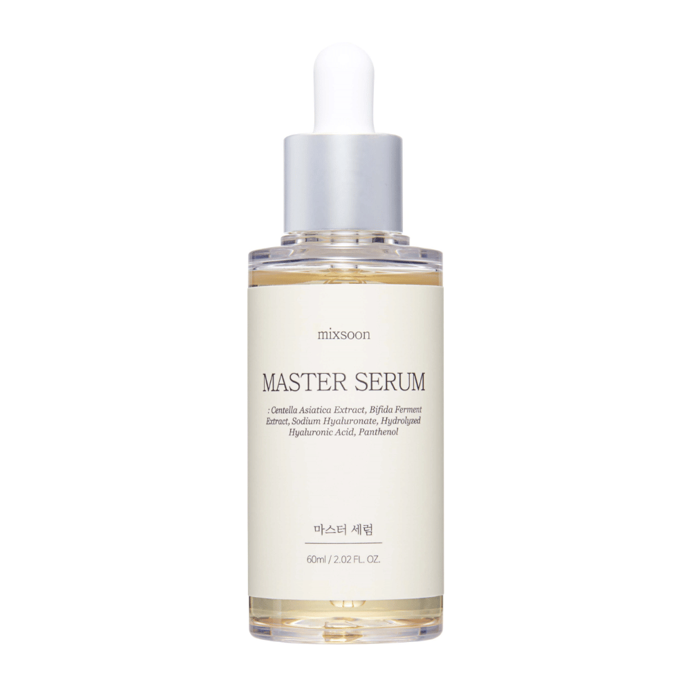 Mixsoon Master Serum in a transparent glass bottle with a silver-colored pipette, containing soothing and moisturizing ingredients like Centella Asiatica and hyaluronic acid for radiant skin.