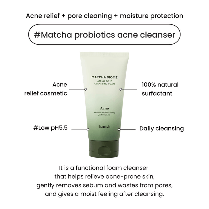 Heimish Matcha Biome Amino Acne Cleansing Foam low pH 5.5 – acne cleanser that cleans pores, reduces sebum, and hydrates the skin