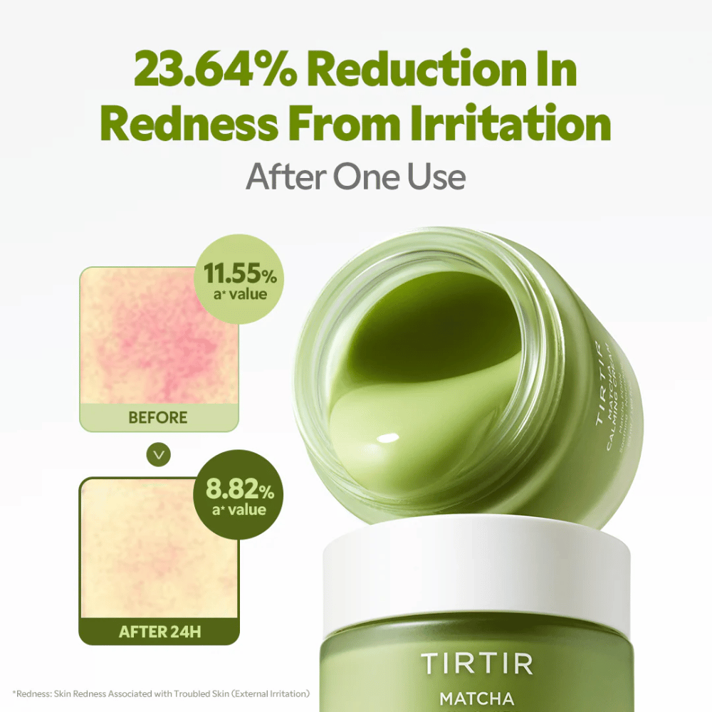 TIRTIR Matcha Calming Cream with ceramides, panthenol, and peptides that moisturize, strengthen the skin barrier, and improve the skin's elasticity.