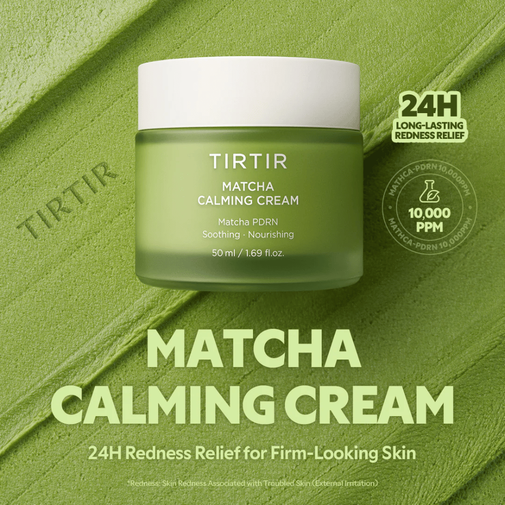 TIRTIR Matcha Calming Cream with ceramides, panthenol, and peptides that deeply moisturize, strengthen the skin barrier, and improve elasticity.