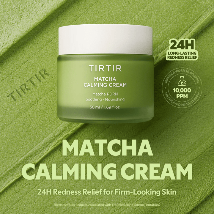 TIRTIR Matcha Calming Cream with ceramides, panthenol, and peptides that deeply moisturize, strengthen the skin barrier, and improve elasticity.