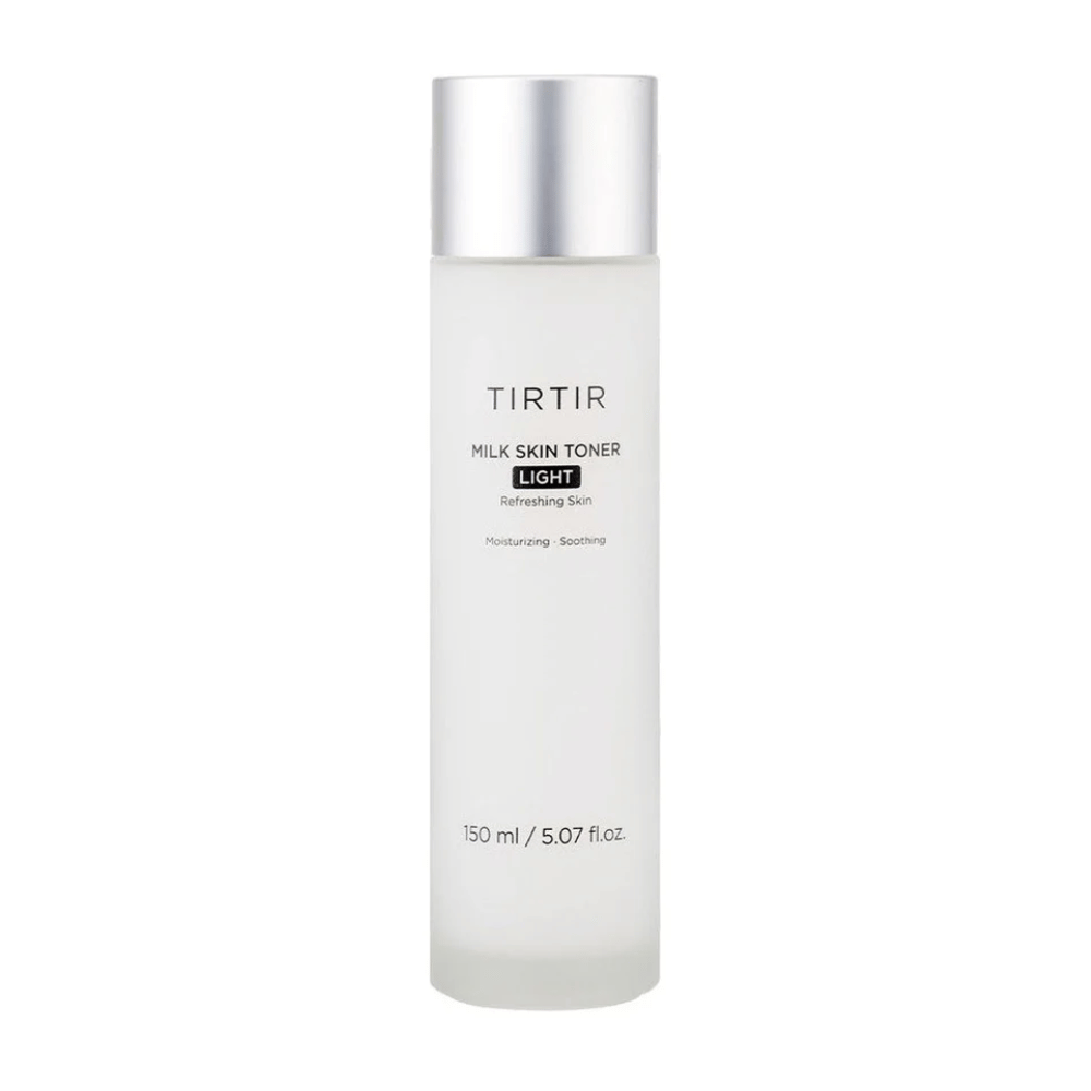 An image of a skincare product from TIRTIR, "Milk Skin Toner Light". The bottle is white and sleek with text describing the toner as refreshing, moisturizing, and soothing. The content amount is 150 ml or 5.07 fl. oz.
