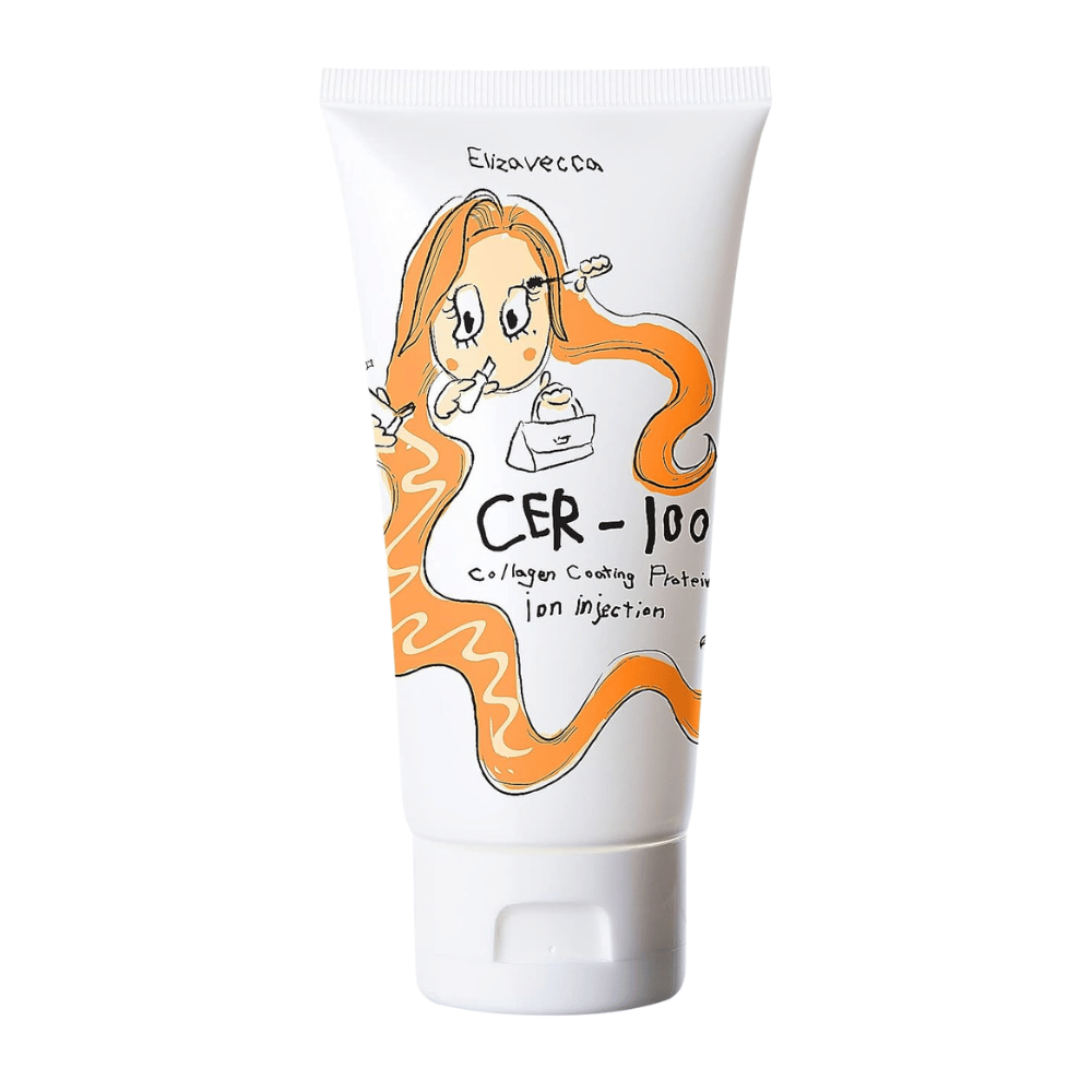 Product image of Elizavecca CER-100 Collagen Coating Protein Ion Injection with illustrated design and orange details.