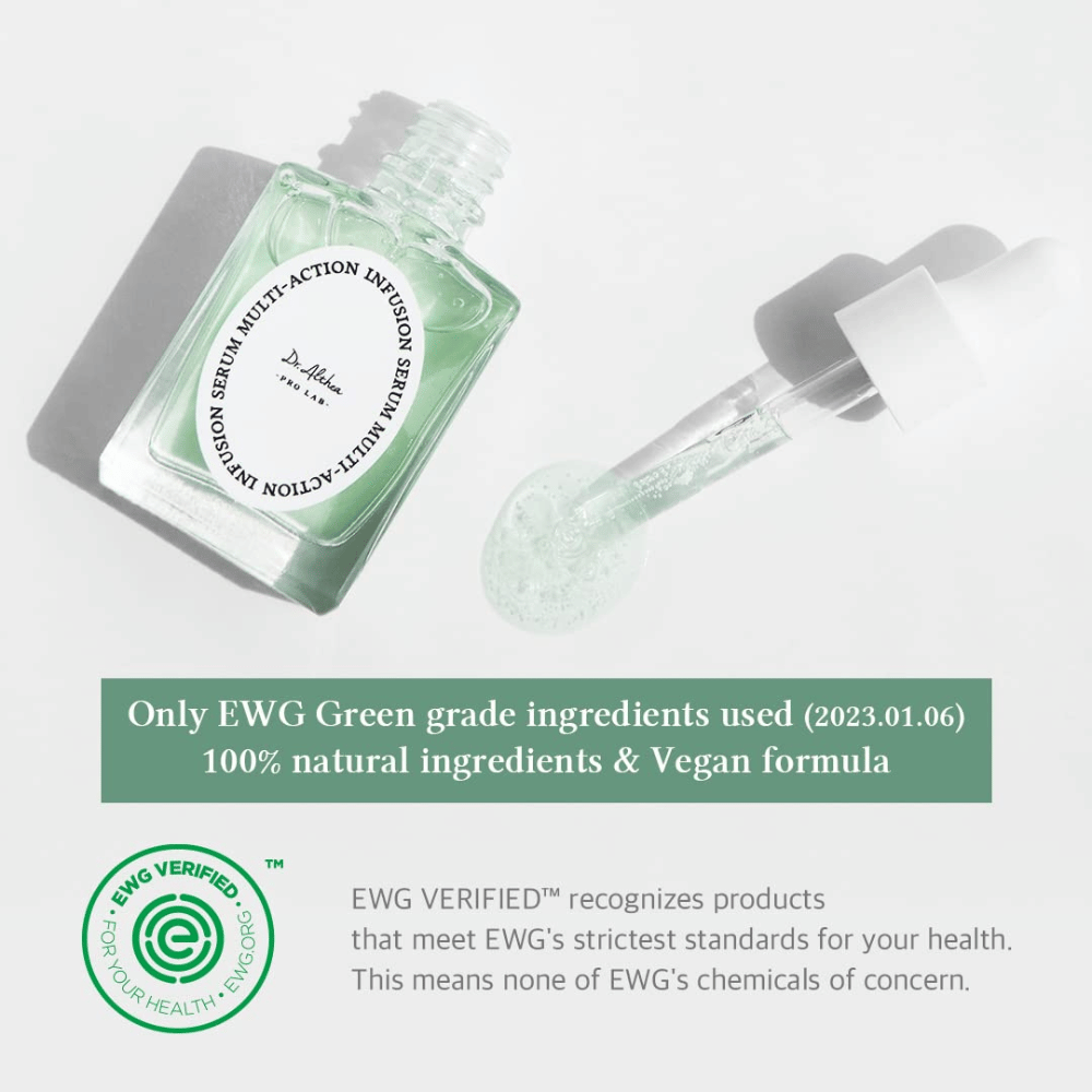 Dr. Althea Multi Action Infusion Serum with vegan formula and EWG-certified ingredients, gentle for sensitive skin and without harmful substances.