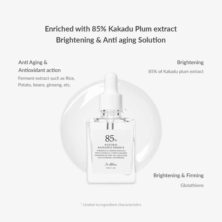 Dr. Althea Natural Radiance Essence with Kakadu Plum and antioxidants that improve skin elasticity, reduce pigmentation, and provide firmer skin.