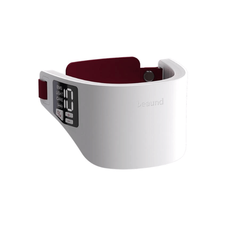 Beaund Neckcera with the adjustable strap attached. The image shows how the device is adjusted to sit securely around the neck during use.