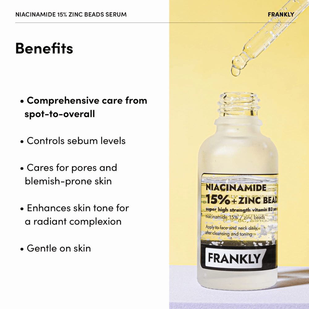 Bottle with FRANKLY Niacinamide 15% + Zinc Beads Serum on a yellow background. Text lists Benefits: balances sebum, reduces pores, and evens skin tone.