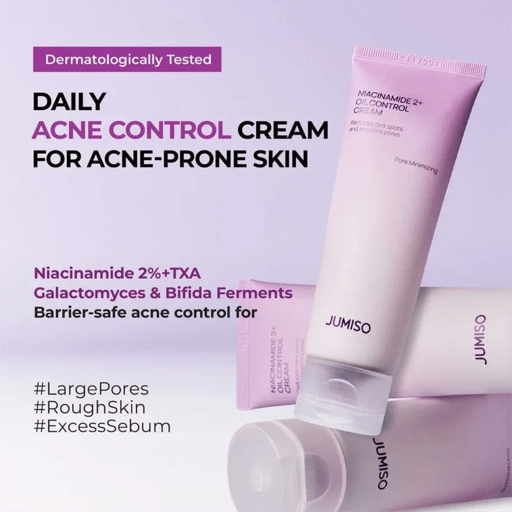 Marketing image of JUMISO Niacinamide 2+ Oil Control Cream with a focus on daily care for acne-prone skin. The text describes ingredients such as niacinamide, tranexamic acid, galactomyces, and bifida ferment that help control sebum and strengthen the skin barrier.