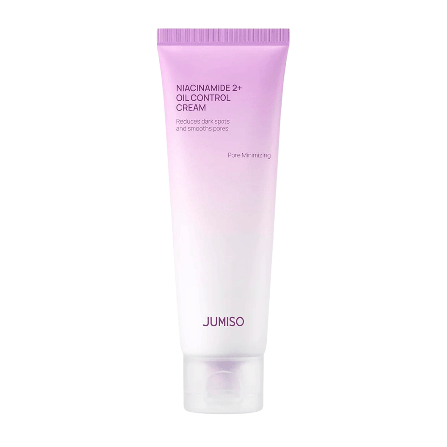 Product image of JUMISO Niacinamide 2+ Oil Control Cream on a light background. The pink and white tube highlights the product's focus on sebum control, pore minimization, and improved skin tone for oily and combination skin.