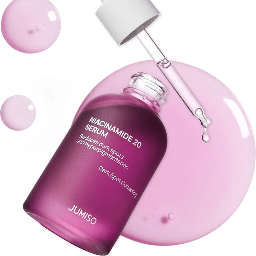 Close-up of Jumiso Niacinamide 20 Serum – light pink texture that effectively brightens skin tone and reduces hyperpigmentation.