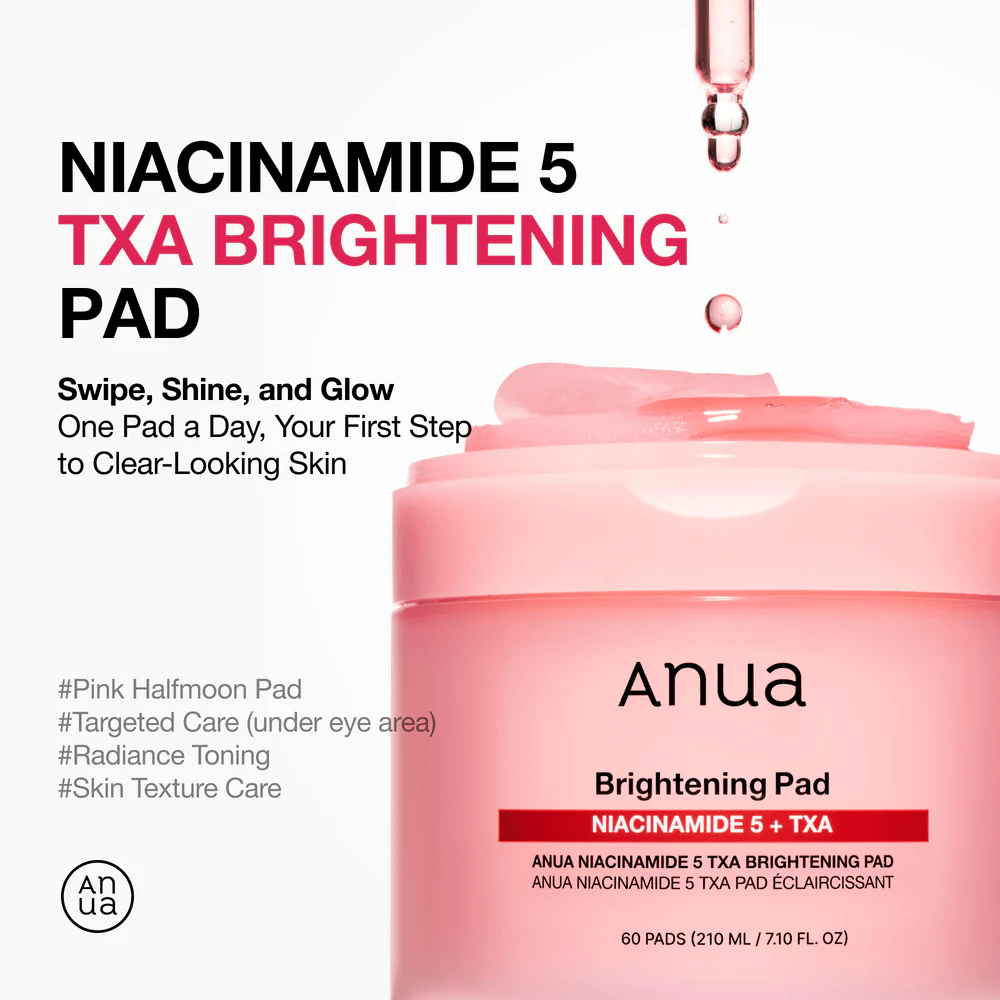 Pink jar with Anua Niacinamide 5 TXA Brightening Pad and semi-shaped pads, with text highlighting glow, even skin tone, and targeted care with niacinamide and tranexamic acid.