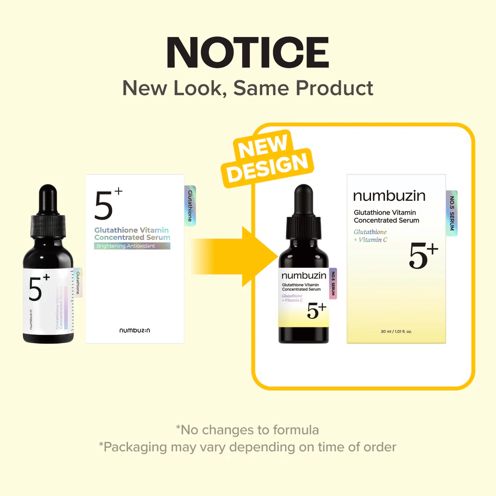numbuzin No.5+ Glutathione Vitamin Concentrated Serum in new packaging design – same formula for radiance and more even skin tone.