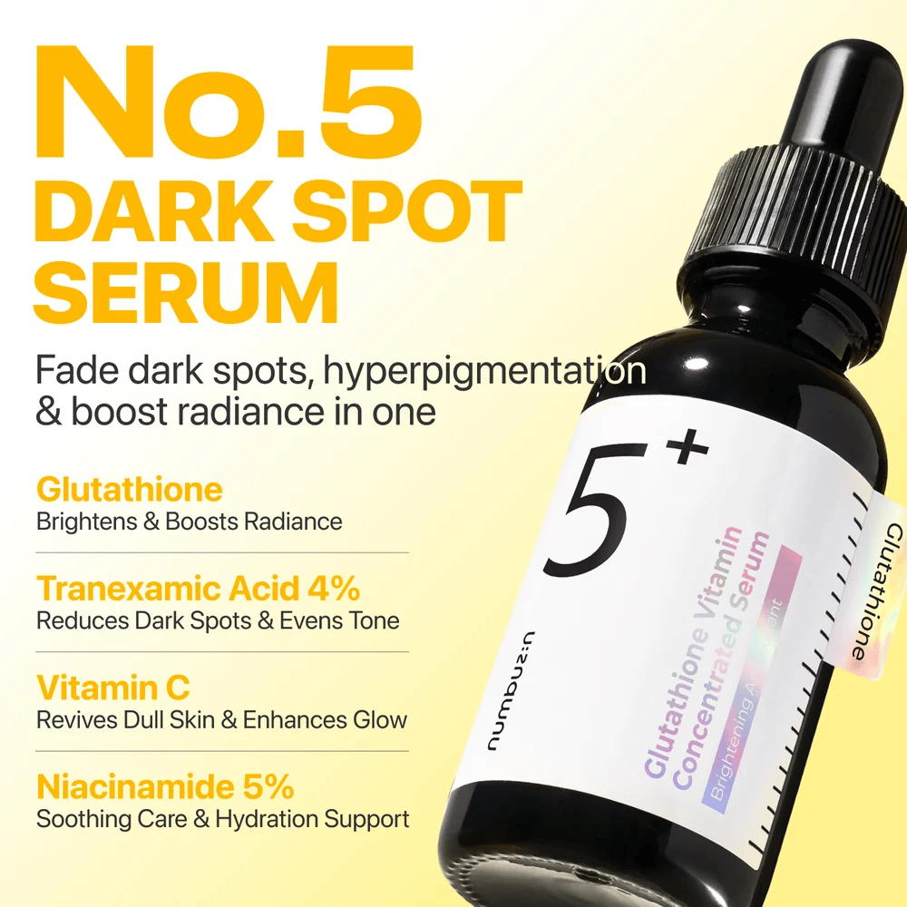 numbuzin No.5+ Glutathione Vitamin Concentrated Serum – radiance-boosting serum with glutathione, tranexamic acid, vitamin C, and 5% niacinamide.