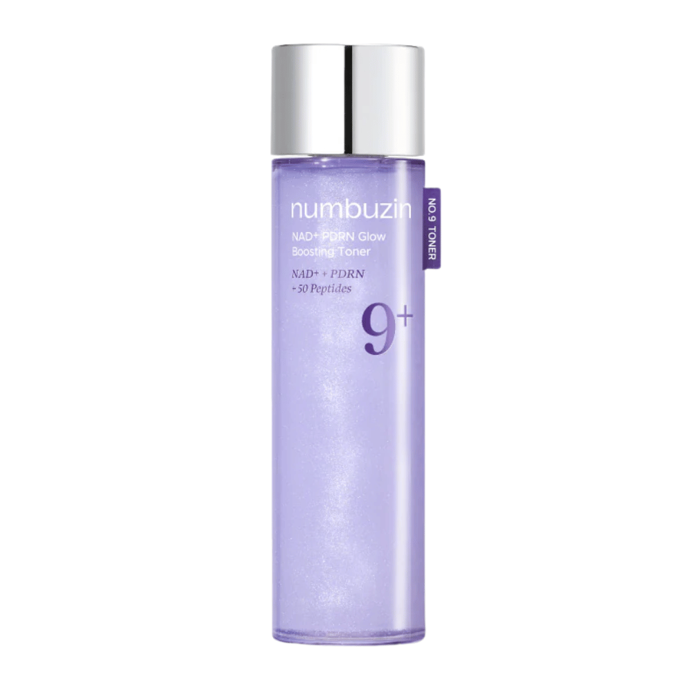 Clean product image of Numbuzin No.9 NAD+ PDRN Glow Boosting Toner in a purple bottle with a silver cap – for firmer and radiant skin.