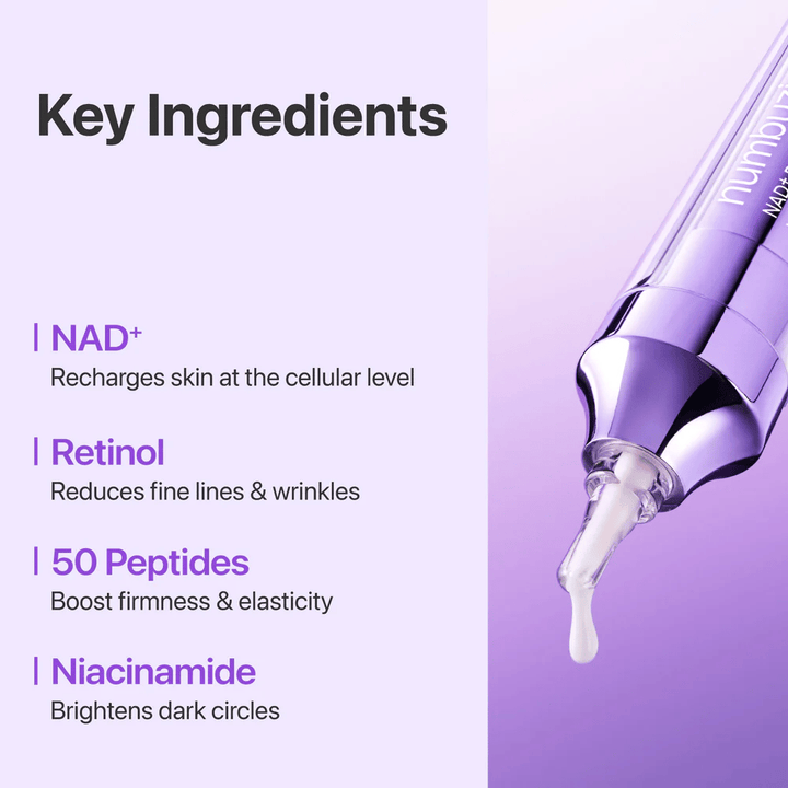 Key ingredients in No.9 NAD+ Retinol Volumetox Eye Cream, with NAD+, retinol, 50 peptides, and niacinamide that help strengthen the skin and reduce fine lines.