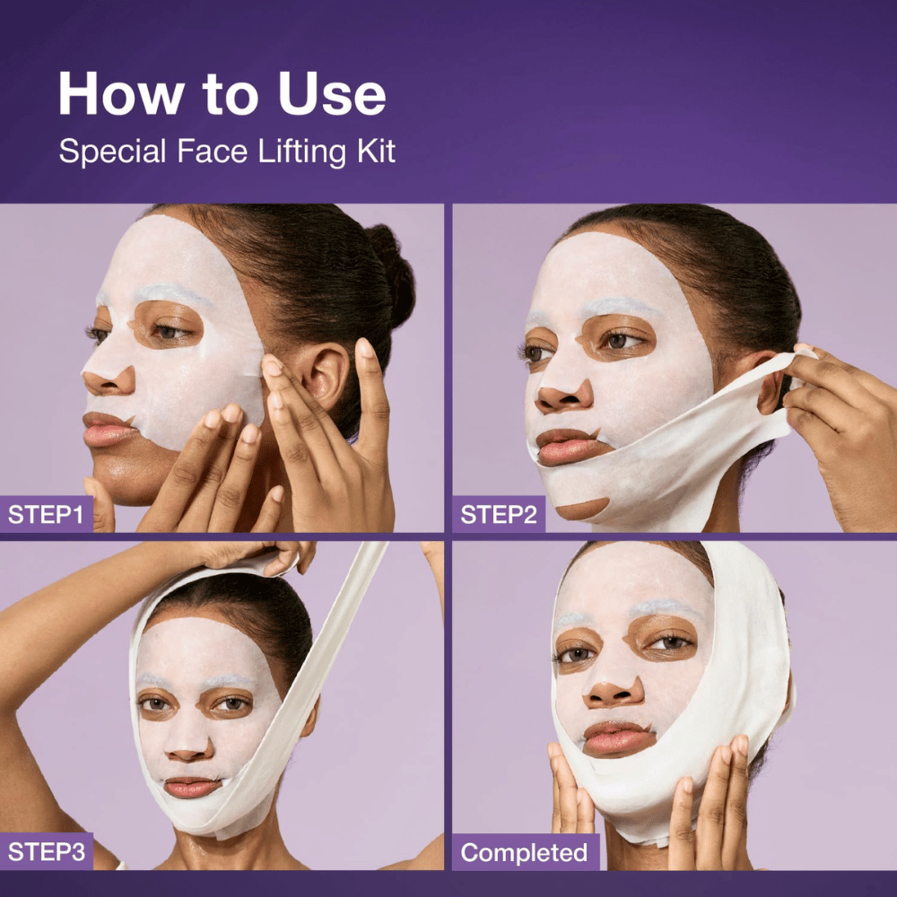 Step-by-step image instructions for using a facelift kit, where the model applies the face mask and adjusts the lifting band to complete the treatment.