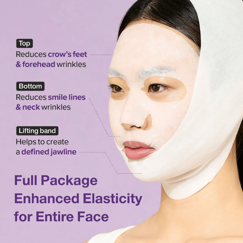 Model wearing a face mask with specific sections that reduce wrinkles at eyes, forehead, smile lines, and neck, as well as a lifting band to define the jawline. The text describes the benefits of using the mask.