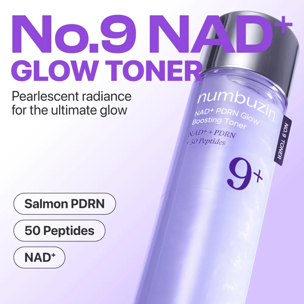 Product image of Numbuzin No.9 NAD+ Glow Toner in a purple bottle. Text: “Pearlescent radiance for the ultimate glow” with ingredients Salmon PDRN, 50 Peptides, NAD+.