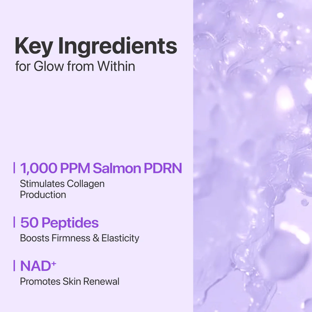 Text and background show the key ingredients: 1000 ppm Salmon PDRN, 50 Peptides and NAD+ that strengthen, hydrate, and renew the skin.