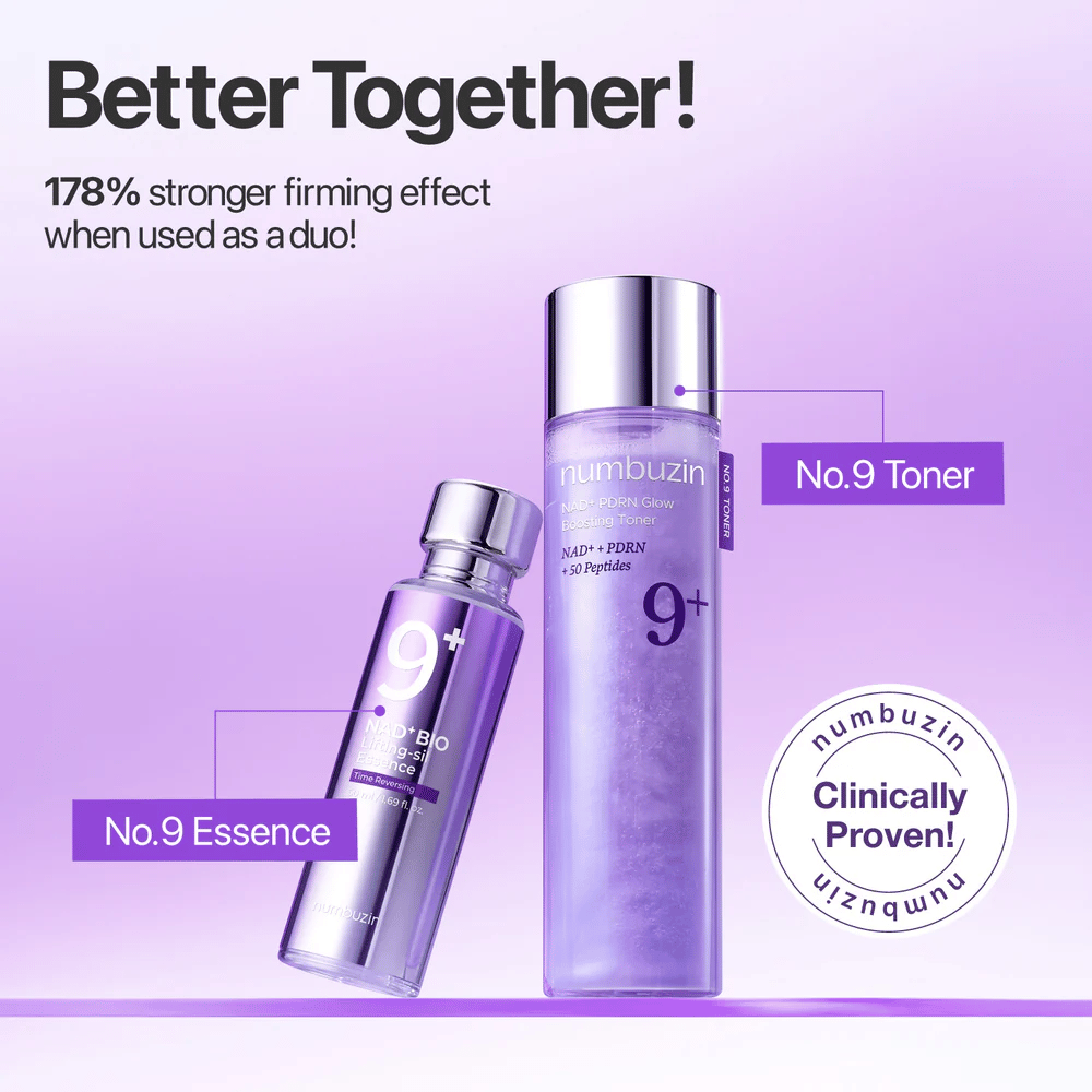 Numbuzin No.9 Toner and Essence shown together in purple tones. Text: “Better Together – 178% stronger firming effect when used as a duo.”