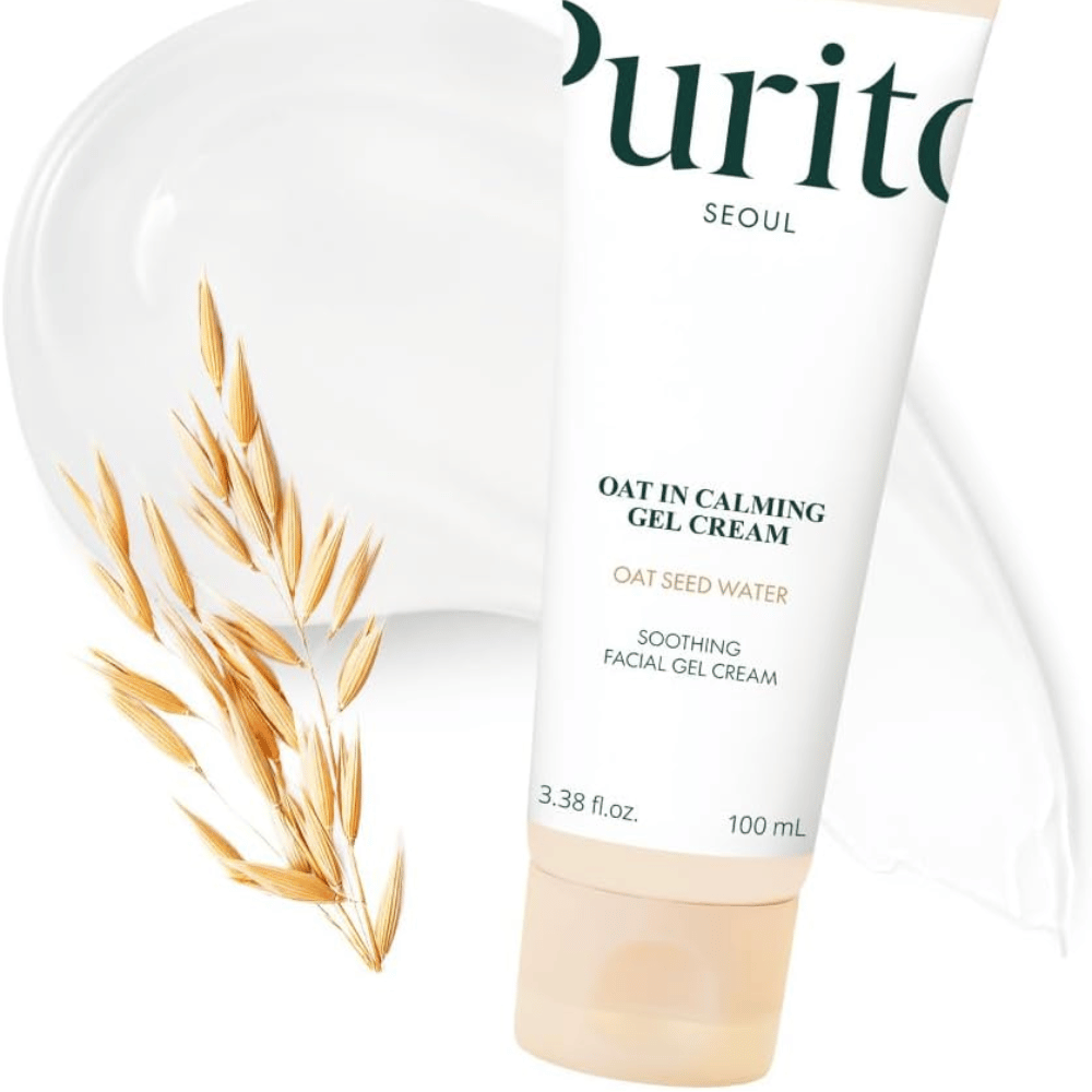 Purito Oat-In Calming Gel Cream with oats and cream structure. Moisturizing gel cream with Oat Seed Water for soft, balanced skin.