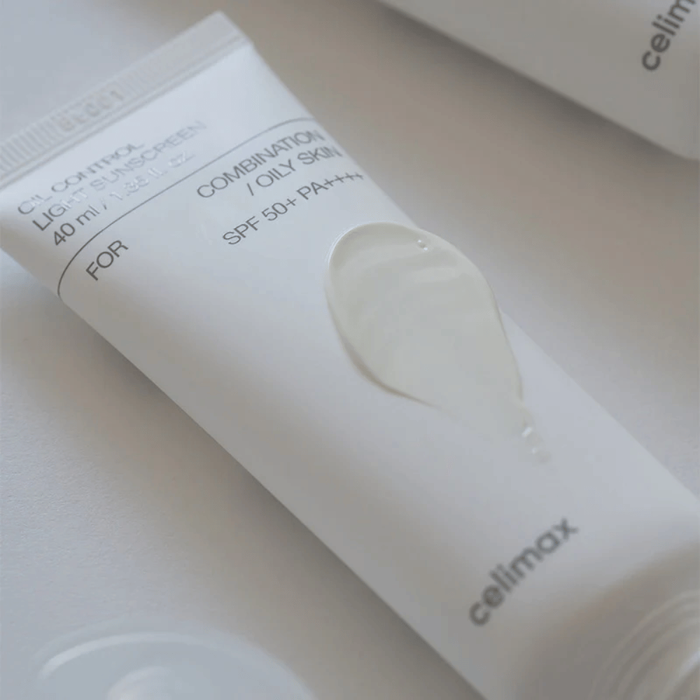 Celimax Oil Control Light Sunscreen SPF 50+ PA++++ with a light gel-cream texture that absorbs quickly and leaves the skin moisturized without a sticky feeling
