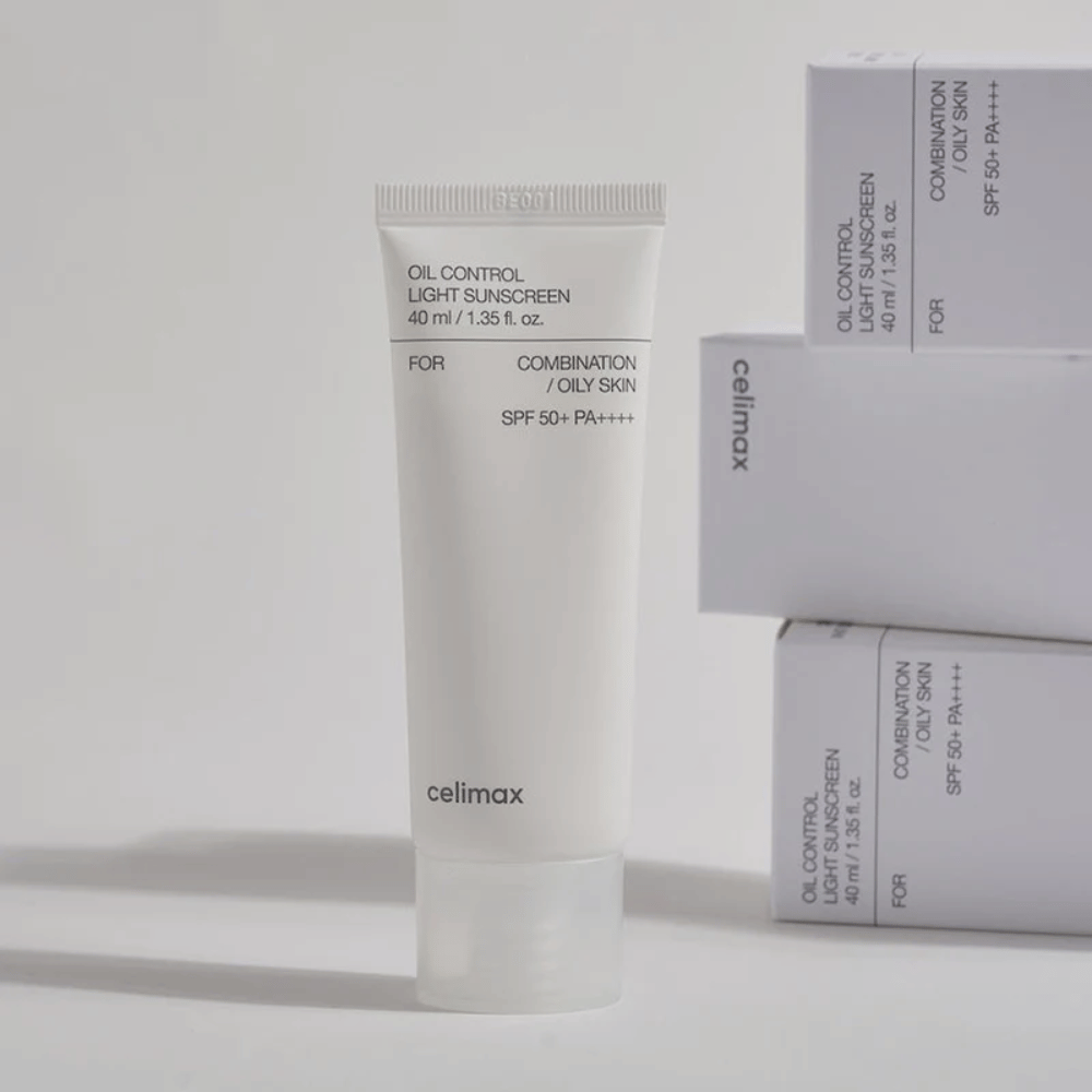 Celimax Oil Control Light Sunscreen SPF 50+ PA++++ in a tube with a minimalist design, sunscreen for combination and oily skin that controls sebum and provides a matte finish