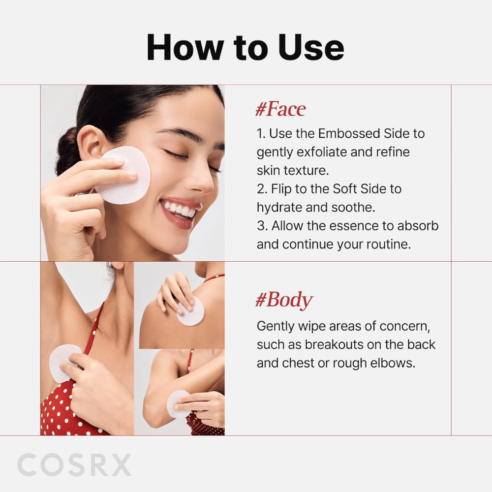 Instructional image showing how COSRX One Step Original Blemish Pore Clear Pad is used on the face and body for exfoliation and care.