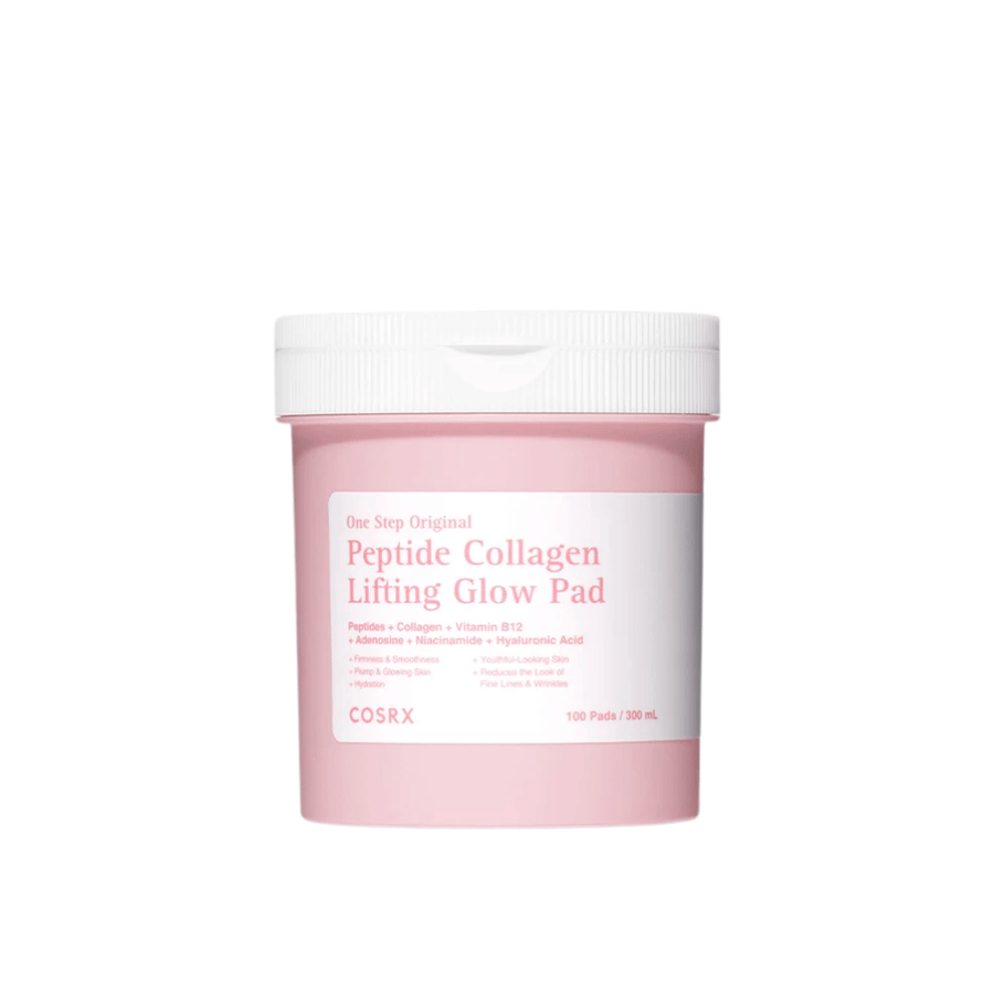 Cut-out product image of COSRX One Step Original Peptide Collagen Lifting Glow Pad in pink packaging against a light background.