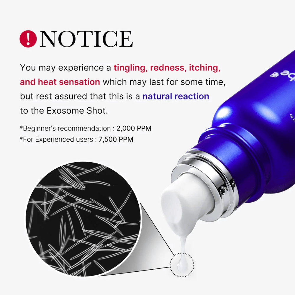 Please note that the use of Medicube One Day Exosome Shot Pore Ampoule 2000 can cause tingling, redness, itching, and a feeling of warmth. This is a natural reaction to the exosome component. Recommended dose: Beginners 2,000 PPM, experienced users 7,500 PPM.