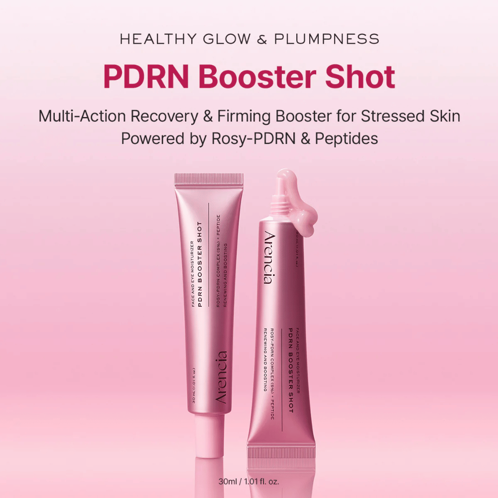 Product image of Arencia PDRN Booster Shot in a pink tube design together with an open applicator. The focus is on glow, plumper skin, and restorative skincare with PDRN and peptides.