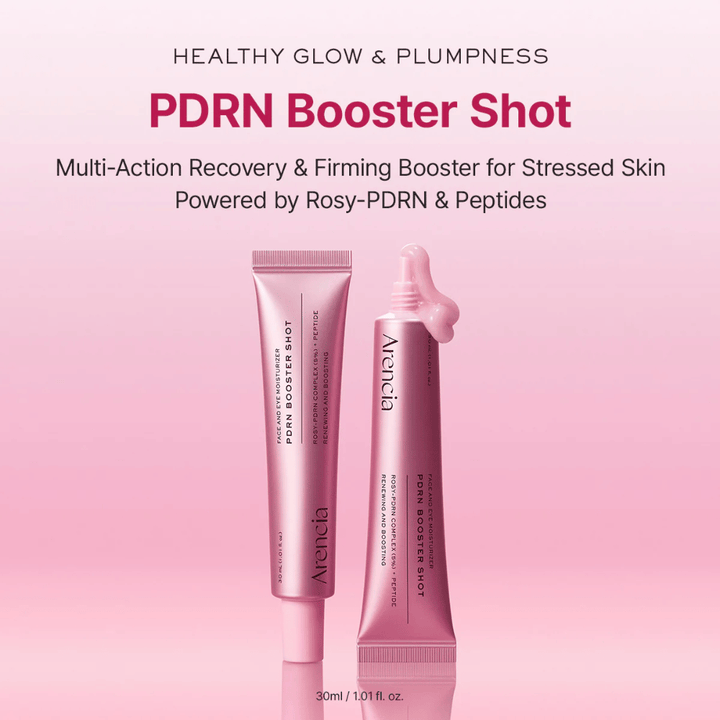 Product image of Arencia PDRN Booster Shot in a pink tube design together with an open applicator. The focus is on glow, plumper skin, and restorative skincare with PDRN and peptides.